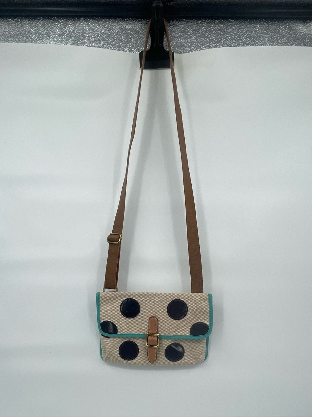 Fossil beige black polka dot canvas crossbody bag